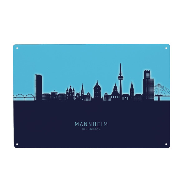 Holzbild "Mannheim Skyline Glow Blue" artboxONE - Städte - Mannheim,Deutschland,Skyline,Cityscape,Stadtbild,Watercolor,Painting,City,Stadt,Germany