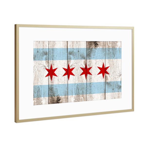 Poster mit Rahmen Gold "Chicago Flag" artboxONE - Städte / Chicago - Chicago,Usa,America,Amerika,Flag,Flagge,Fahne,Grunge,Wooden