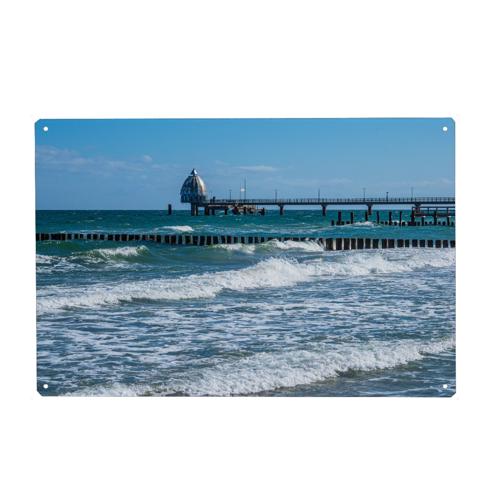 Holzbild "Wellen, Buhne und Seebrücke" artboxONE - Natur,Reise,Architektur,Reise / Strand und Meer