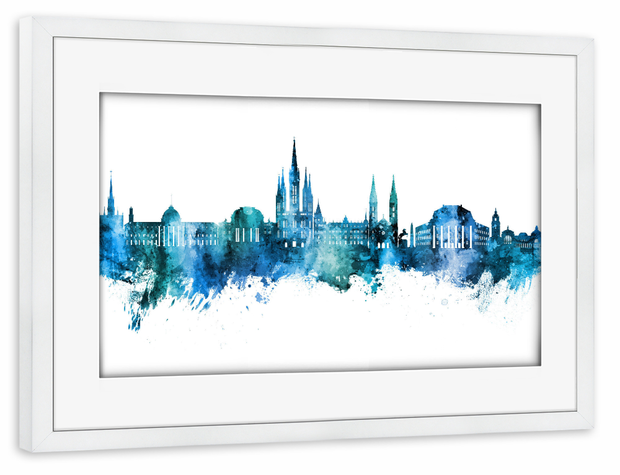 Poster mit Rahmen weiß "Wiesbaden Germany Skyline Blue" artboxONE - Städte