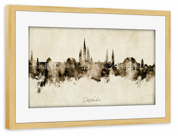 Poster mit Rahmen kiefer "Wiesbaden Germany Skyline Sepia" artboxONE - Städte