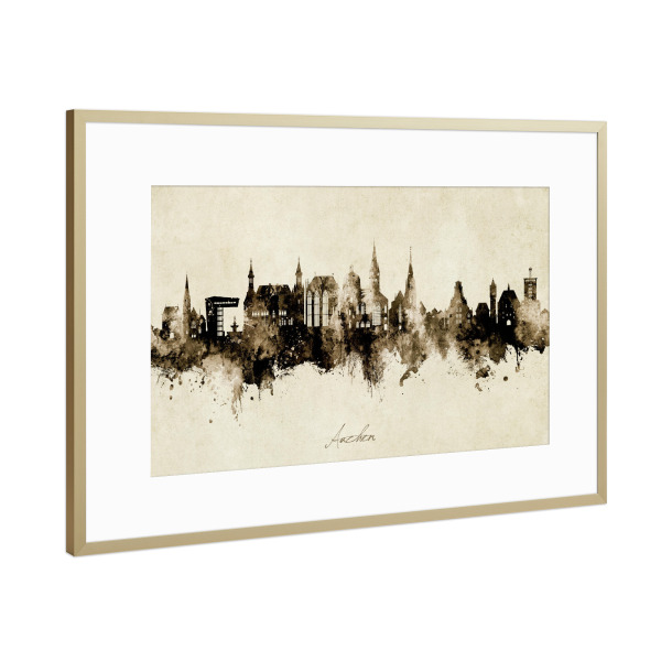 Poster mit Rahmen Gold "Aachen Germany Skyline Sepia" artboxONE - Städte