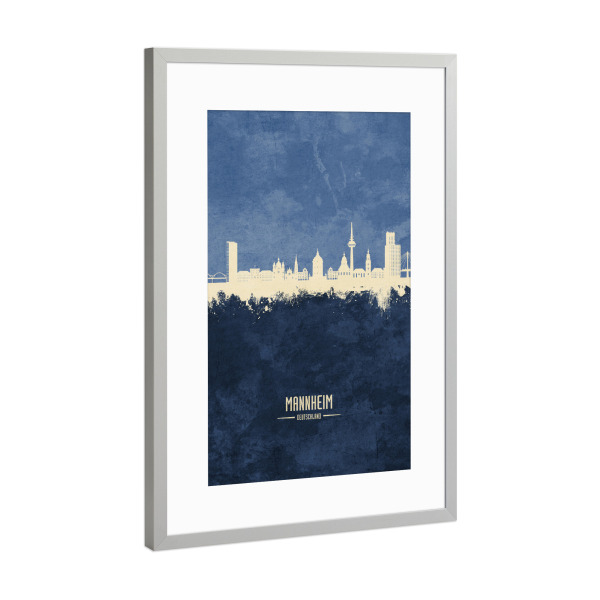 Poster mit Rahmen Silber "Mannheim Germany Skyline Navy" artboxONE - Städte