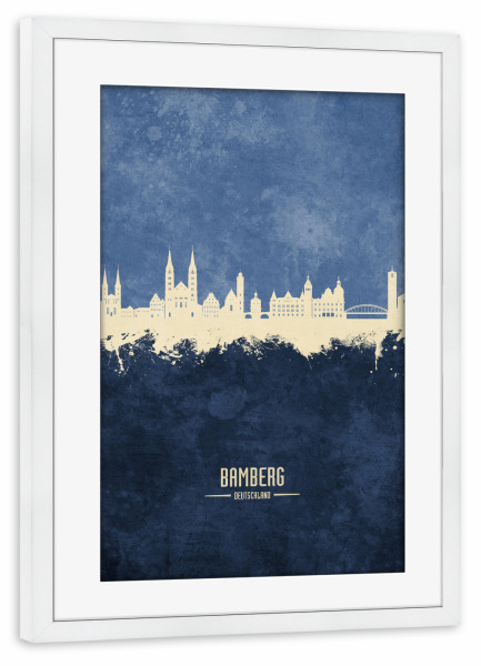 Poster mit Rahmen weiß "Bamberg Germany Skyline Navy" artboxONE - Städte