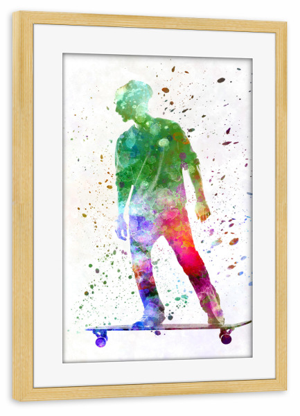 Poster mit Rahmen kiefer "Man skateboard in watercolor-h" artboxONE - Sport
