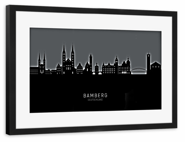 Poster mit Rahmen schwarz "Bamberg Skyline Glow White" artboxONE - Städte,Schwarzweiß