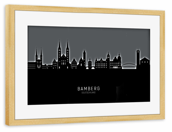 Poster mit Rahmen kiefer "Bamberg Skyline Glow White" artboxONE - Städte,Schwarzweiß