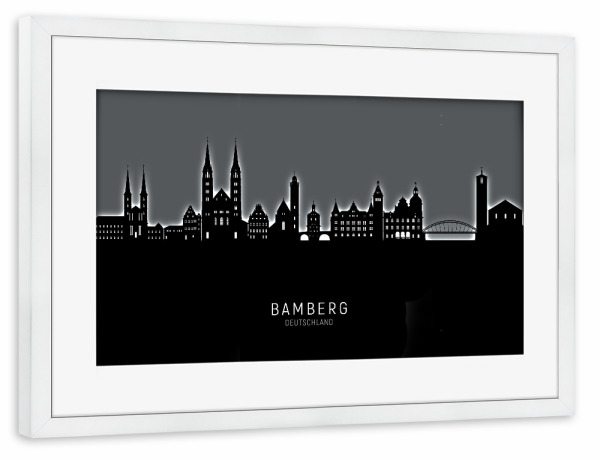 Poster mit Rahmen weiß "Bamberg Skyline Glow White" artboxONE - Städte,Schwarzweiß
