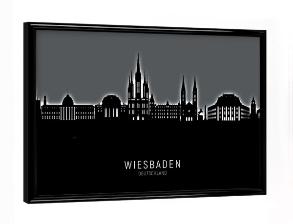 Poster mit schwarzem Rahmen "Wiesbaden Skyline Glow White" artboxONE - Städte,Schwarzweiß