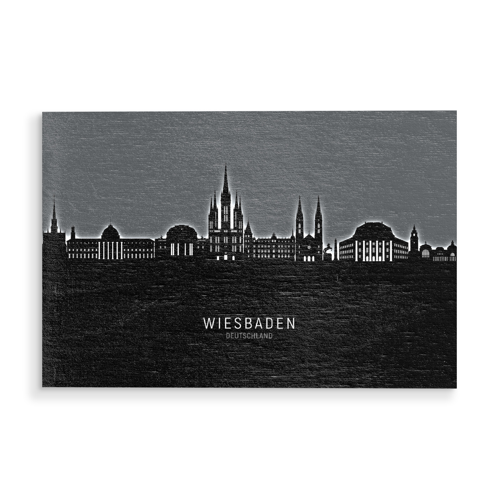 Holzbild "Wiesbaden Skyline Glow White" artboxONE - Städte,Schwarzweiß