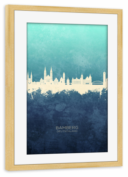 Poster mit Rahmen kiefer "Bamberg Germany Skyline NavyCyan" artboxONE - Städte