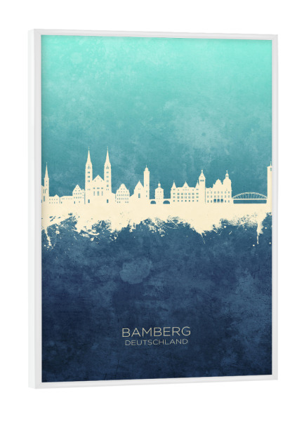 Poster mit weißem Rahmen "Bamberg Germany Skyline NavyCyan" artboxONE - Städte