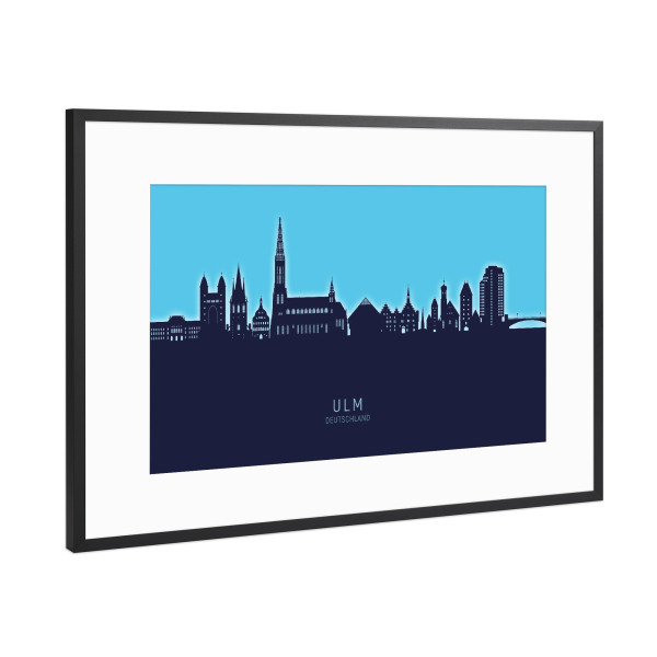 Poster mit Rahmen Schwarz (Metallic) "Ulm Germany Skyline Glow Blue" artboxONE - Städte