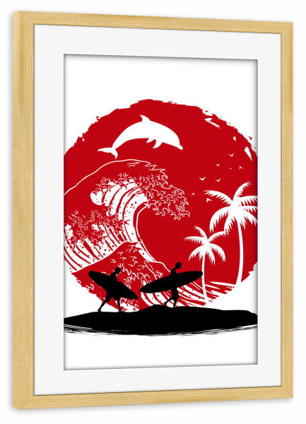 Poster mit Rahmen kiefer "Surfing the big wave" artboxONE - Reise,Tiere,Menschen,Reise / Strand und Meer