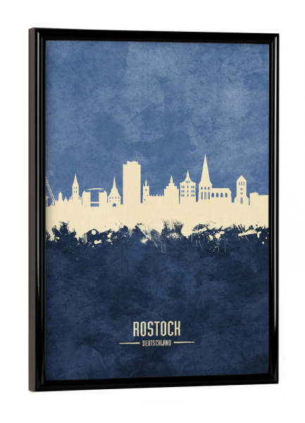 Poster mit schwarzem Rahmen "Rostock Germany Skyline Navy" artboxONE - Städte