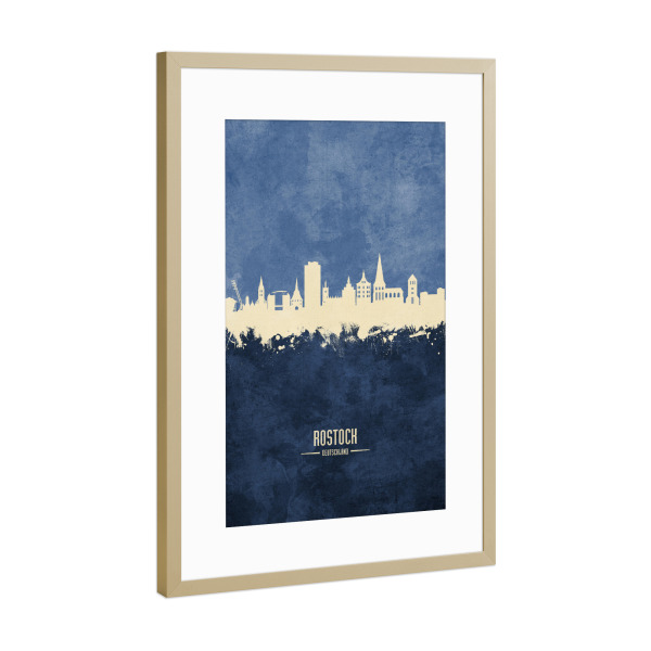 Poster mit Rahmen Gold "Rostock Germany Skyline Navy" artboxONE - Städte - Rostock,Skyline,Cityscape,Stadtbild,Watercolor,Painting,City,Stadt,Germany