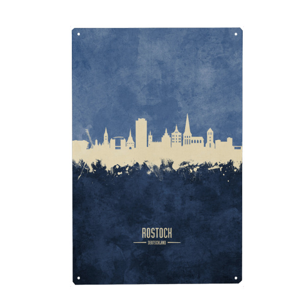 Metall Poster "Rostock Germany Skyline Navy" artboxONE - Städte - Rostock,Skyline,Cityscape,Stadtbild,Watercolor,Painting,City,Stadt,Germany