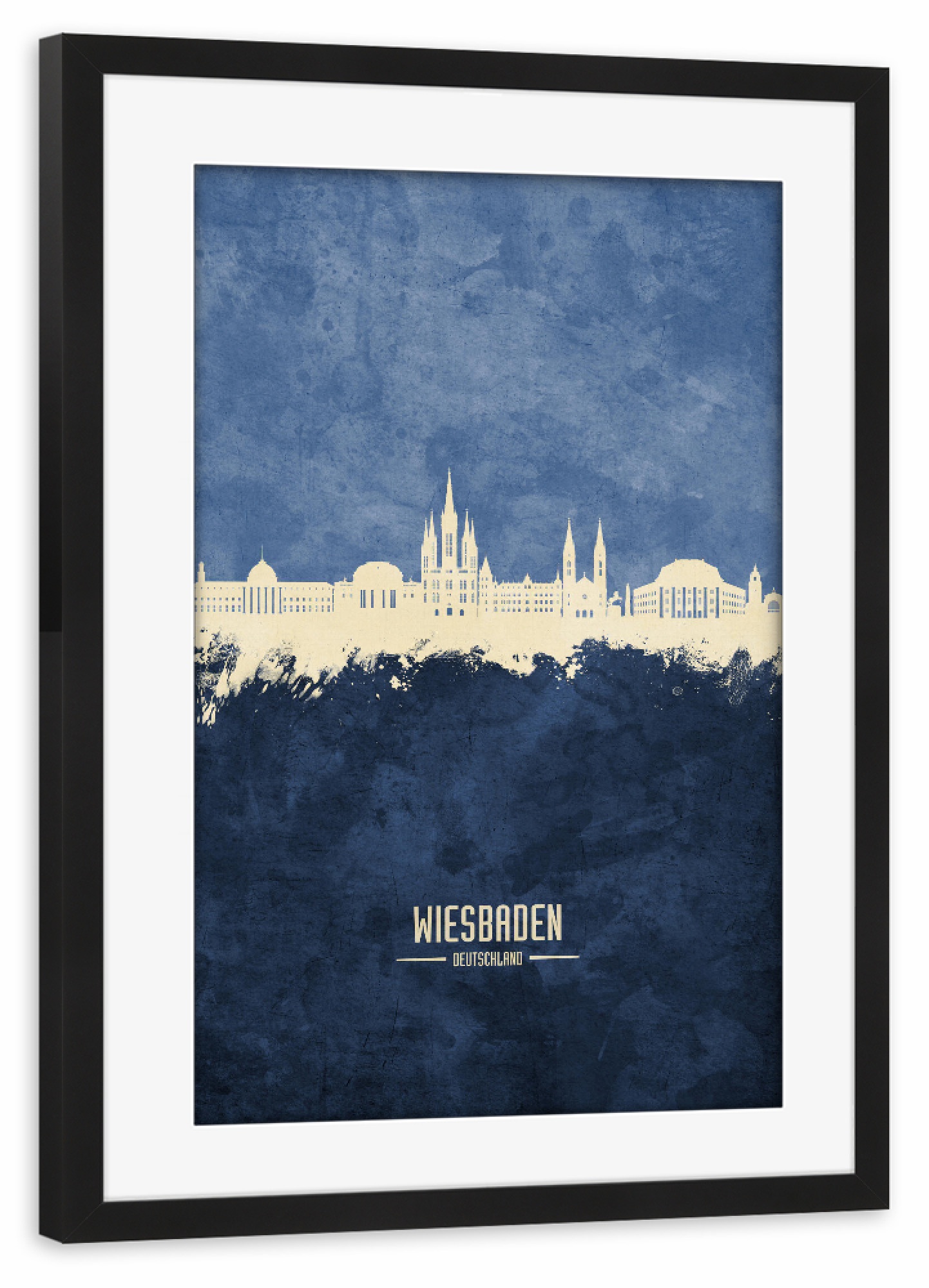 Poster mit Rahmen schwarz "Wiesbaden Germany Skyline Navy" artboxONE - Städte