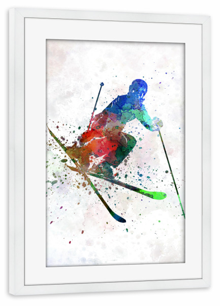 Poster mit Rahmen weiß "Skier in watercolor" artboxONE - Sport - Sport,Sports,Color,Illustration,Watercolor,Competition,Competitive,Ski,Skier,Mountain