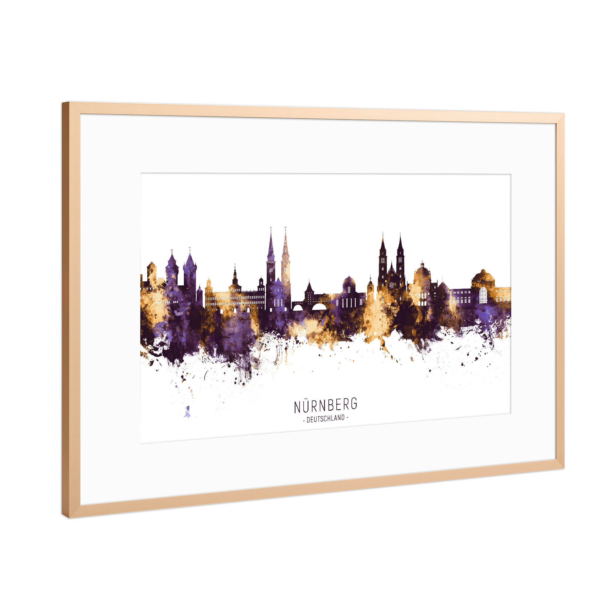 Poster mit Rahmen Kupfer "Nürnberg Skyline PurpleGold" artboxONE - Städte