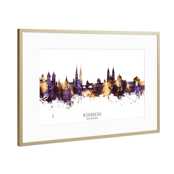 Poster mit Rahmen Gold "Nürnberg Skyline PurpleGold" artboxONE - Städte