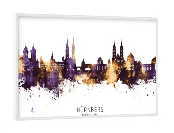 Poster mit weißem Rahmen "Nürnberg Skyline PurpleGold" artboxONE - Städte