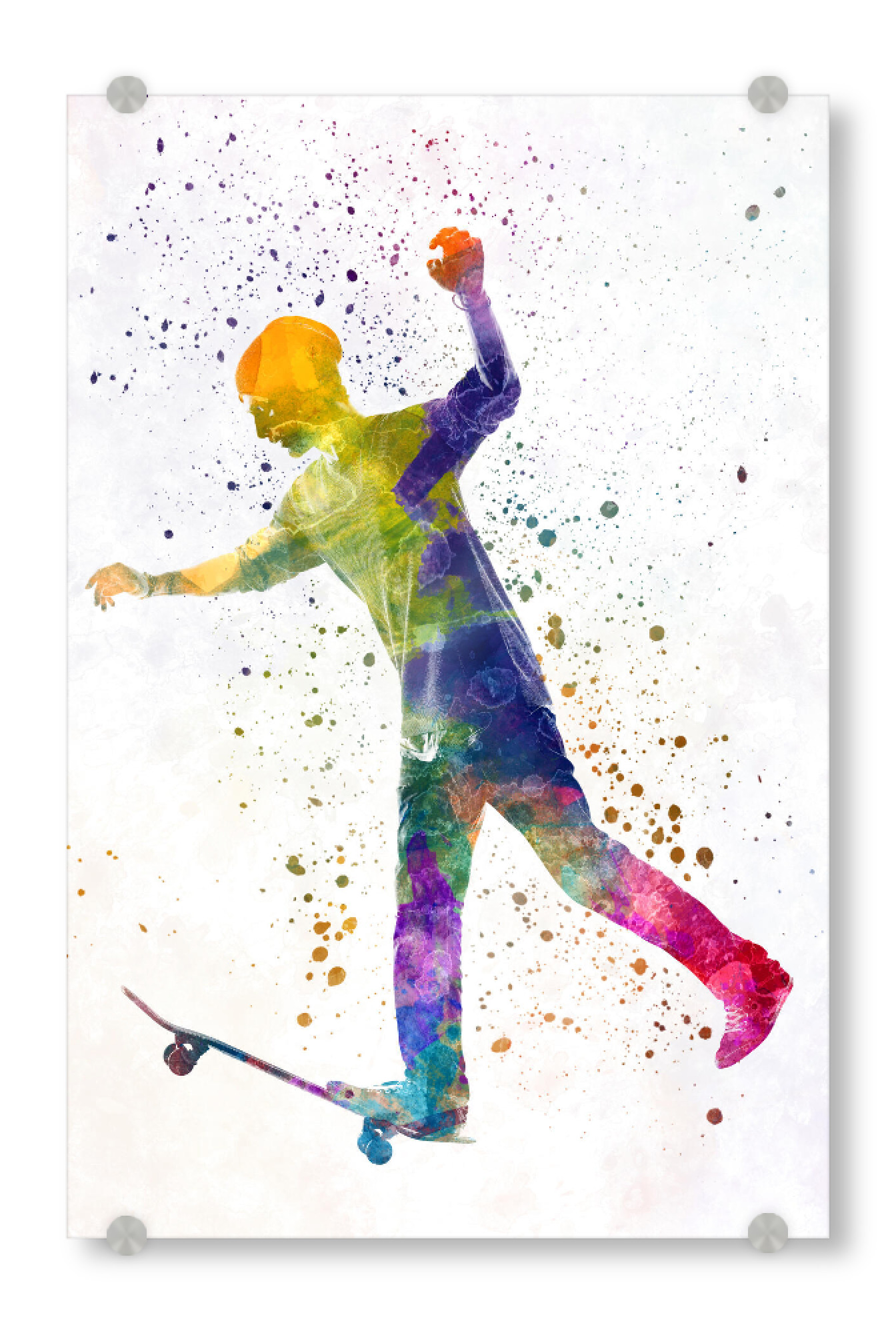Acrylglasbild "Man skateboard in watercolor-f" artboxONE - Sport - Skate,Skateboard,Sport,Sports,Color,Illustration,Decorative,Young,Jump,Competition