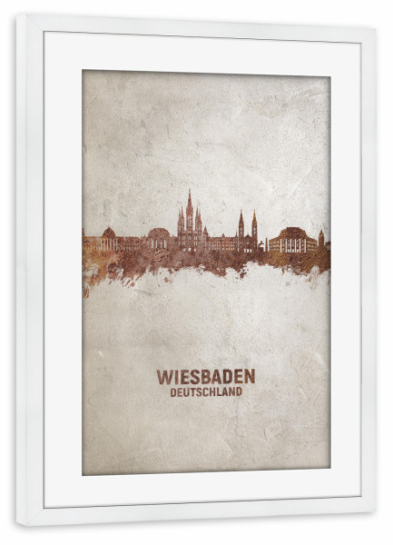 Poster mit Rahmen weiß "Wiesbaden Germany Skyline Rust" artboxONE - Städte