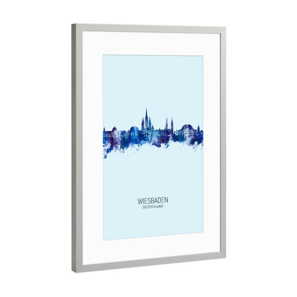 Poster mit Rahmen Silber "Wiesbaden Skyline Dark Blue" artboxONE - Städte