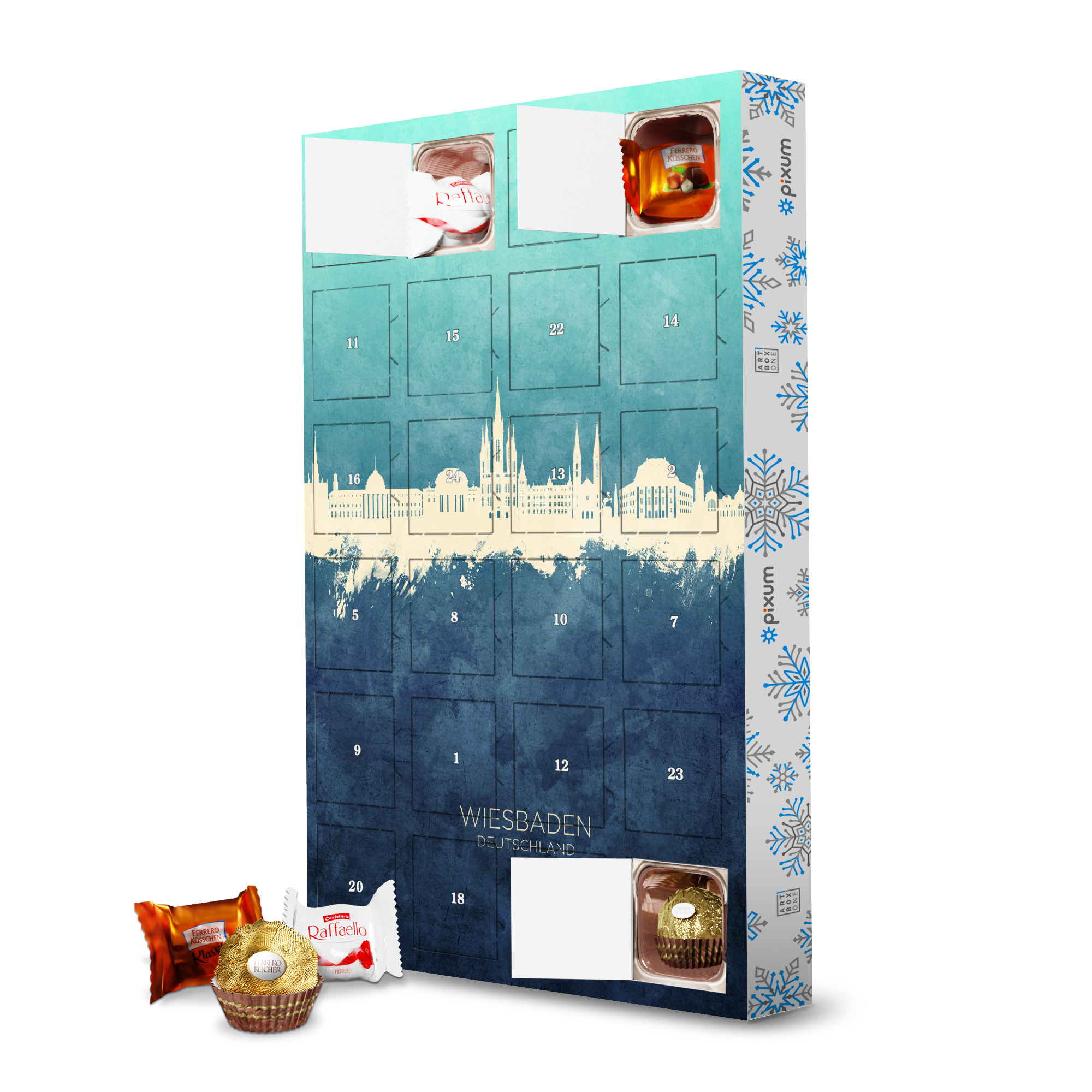Adventskalender mit Ferrero Pralinen Wiesbaden Skyline NavyCyan artboxONE Adventskalender Städte