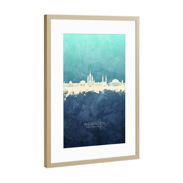 Poster mit Rahmen Gold "Wiesbaden Skyline NavyCyan" artboxONE - Städte