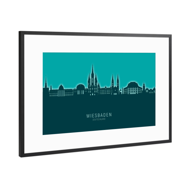 Poster mit Rahmen Schwarz (Metallic) "Wiesbaden Skyline Glow Teal" artboxONE - Städte