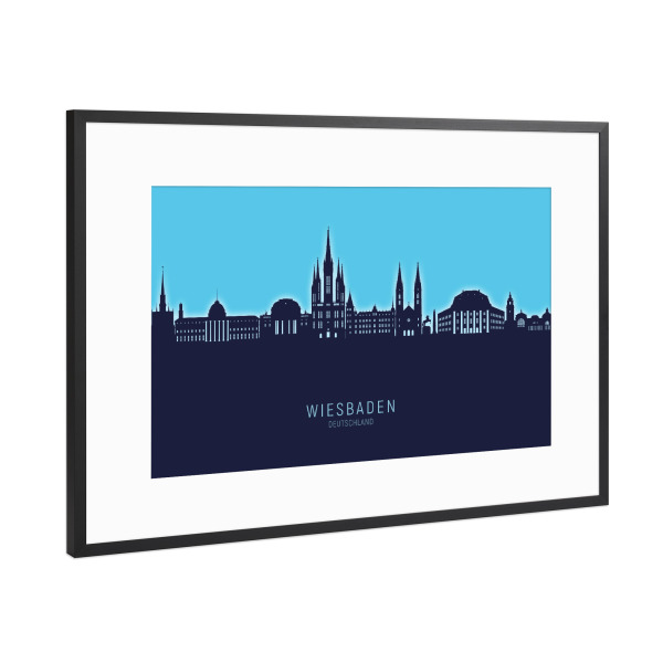 Poster mit Rahmen Schwarz (Metallic) "Wiesbaden Skyline Glow Blue" artboxONE - Städte