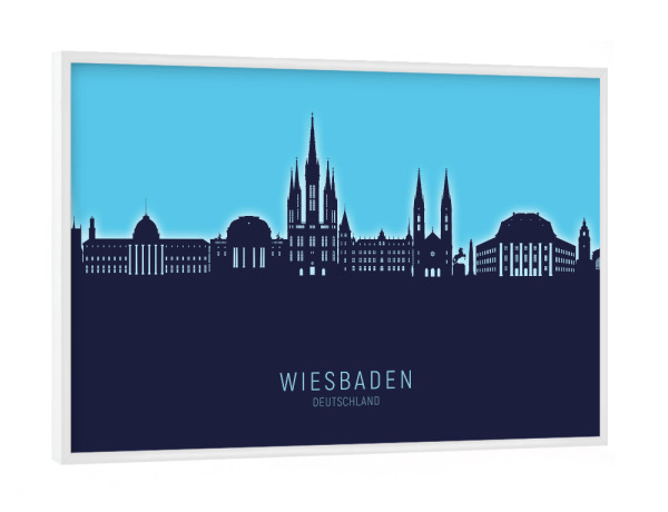 Poster mit weißem Rahmen "Wiesbaden Skyline Glow Blue" artboxONE - Städte