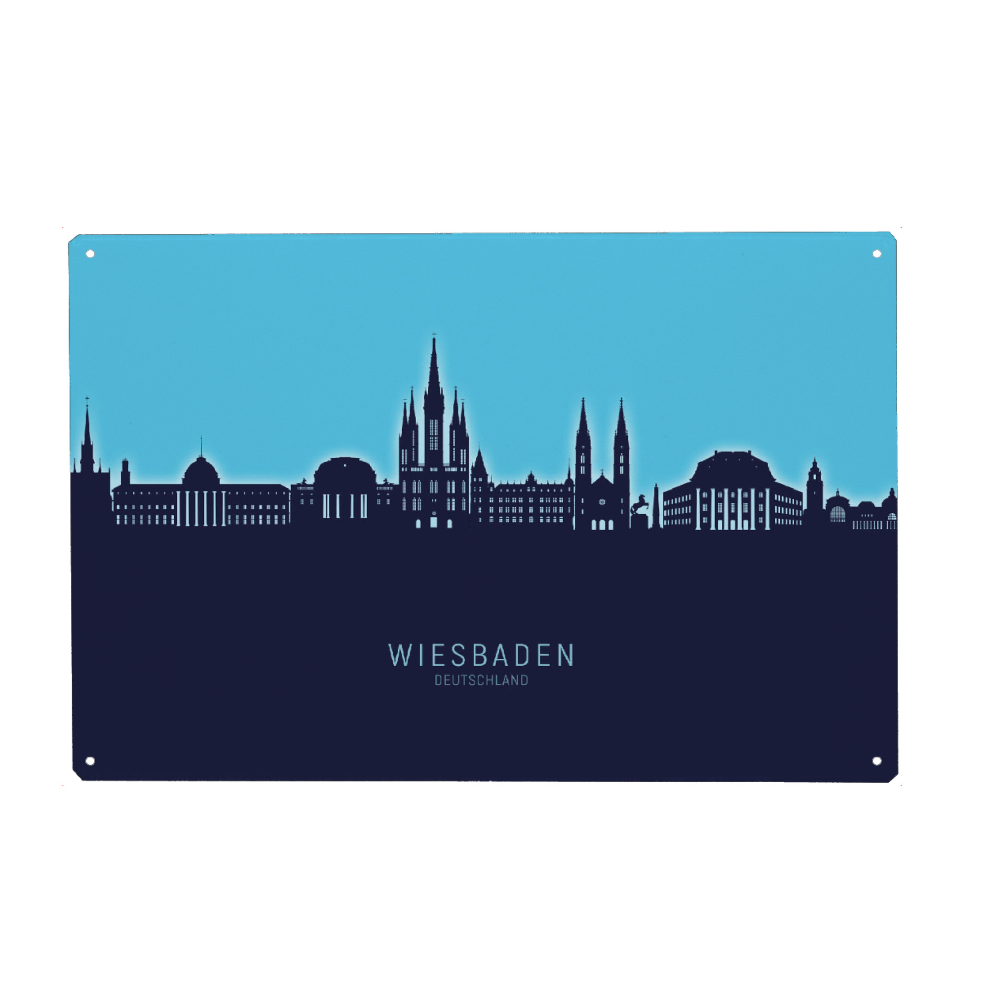 Holzbild "Wiesbaden Skyline Glow Blue" artboxONE - Städte - Wiesbaden,Deutschland,Skyline,Cityscape,Stadtbild,Watercolor,Painting,City,Stadt,Germany