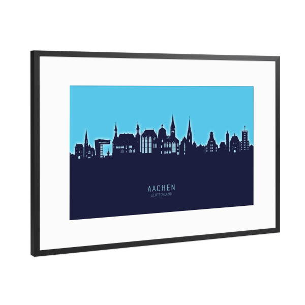 Poster mit Rahmen Schwarz (Metallic) "Aachen Germany Skyline Glow Blue" artboxONE - Städte