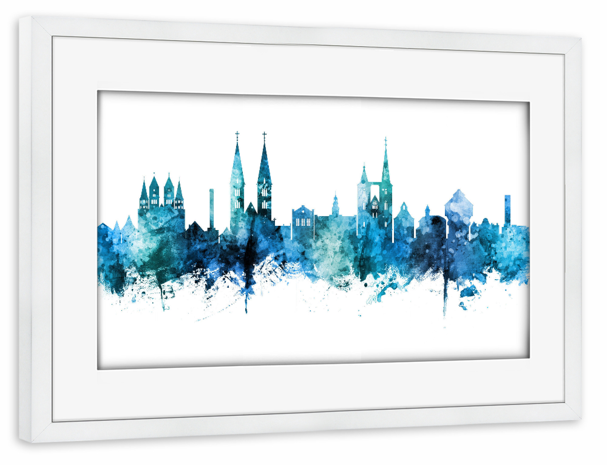 Poster mit Rahmen weiß "Halberstadt Germany Skyline Blue" artboxONE - Städte