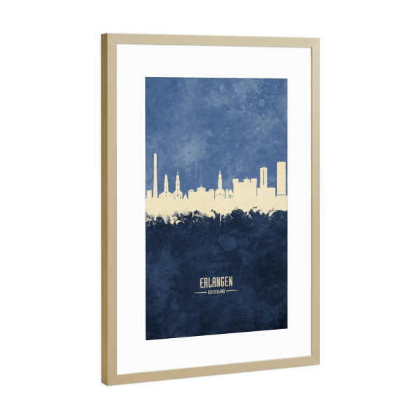 Poster mit Rahmen Gold "Erlangen Germany Skyline Navy" artboxONE - Städte