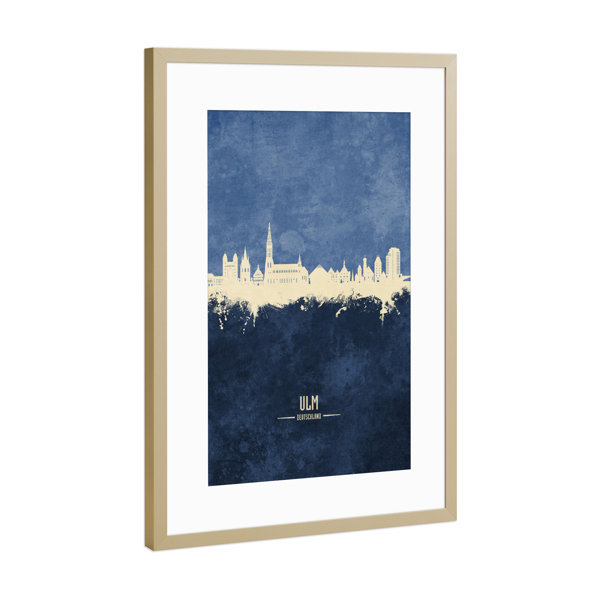 Poster mit Rahmen Gold "Ulm Germany Skyline Navy" artboxONE - Städte - Ulm,Deutschland,Skyline,Cityscape,Stadtbild,Watercolor,City,Stadt,Germany