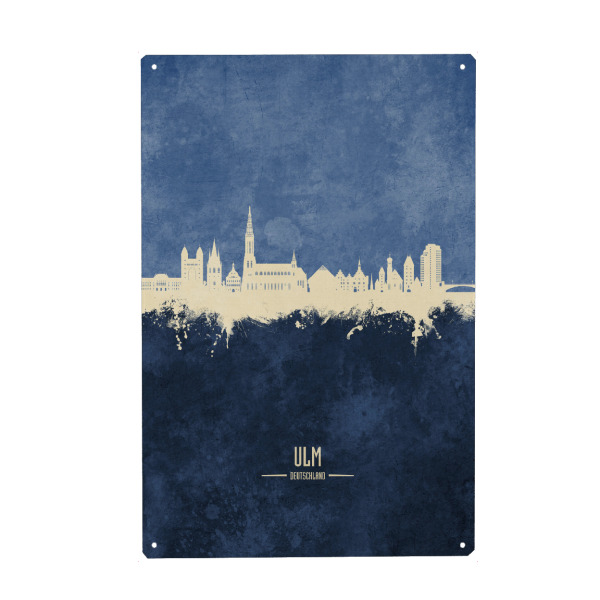 Metall Poster "Ulm Germany Skyline Navy" artboxONE - Städte - Ulm,Deutschland,Skyline,Cityscape,Stadtbild,Watercolor,City,Stadt,Germany - Blechschild