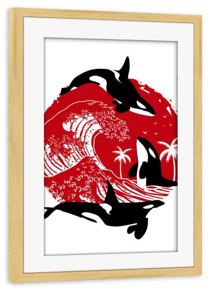 Poster mit Rahmen kiefer "Orcas in the great Wave" artboxONE - Natur,Tiere