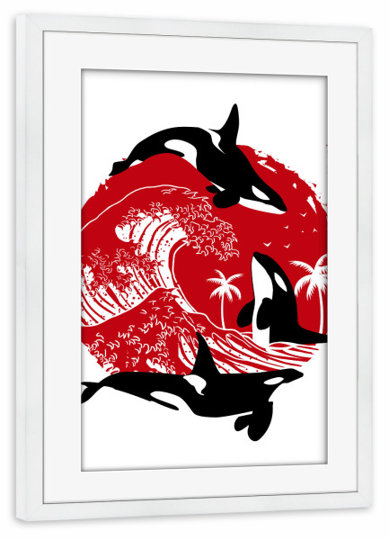 Poster mit Rahmen weiß "Orcas in the great Wave" artboxONE - Natur,Tiere