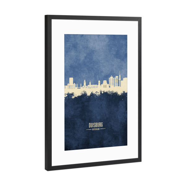 Poster mit Rahmen Schwarz (Metallic) "Duisburg Germany Skyline Navy" artboxONE - Städte