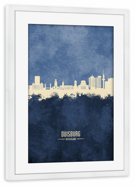 Poster mit Rahmen weiß "Duisburg Germany Skyline Navy" artboxONE - Städte