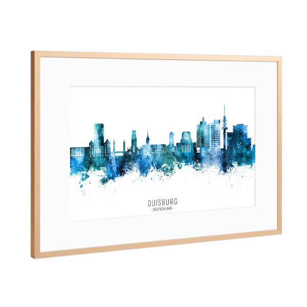 Poster mit Rahmen Kupfer "Duisburg Skyline Blue Name" artboxONE - Städte