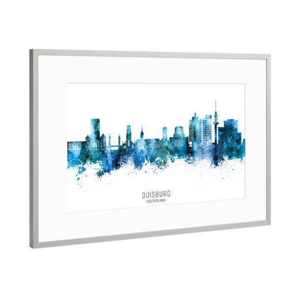 Poster mit Rahmen Silber "Duisburg Skyline Blue Name" artboxONE - Städte