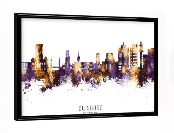 Poster mit schwarzem Rahmen "Duisburg Skyline PurpleGold" artboxONE - Städte