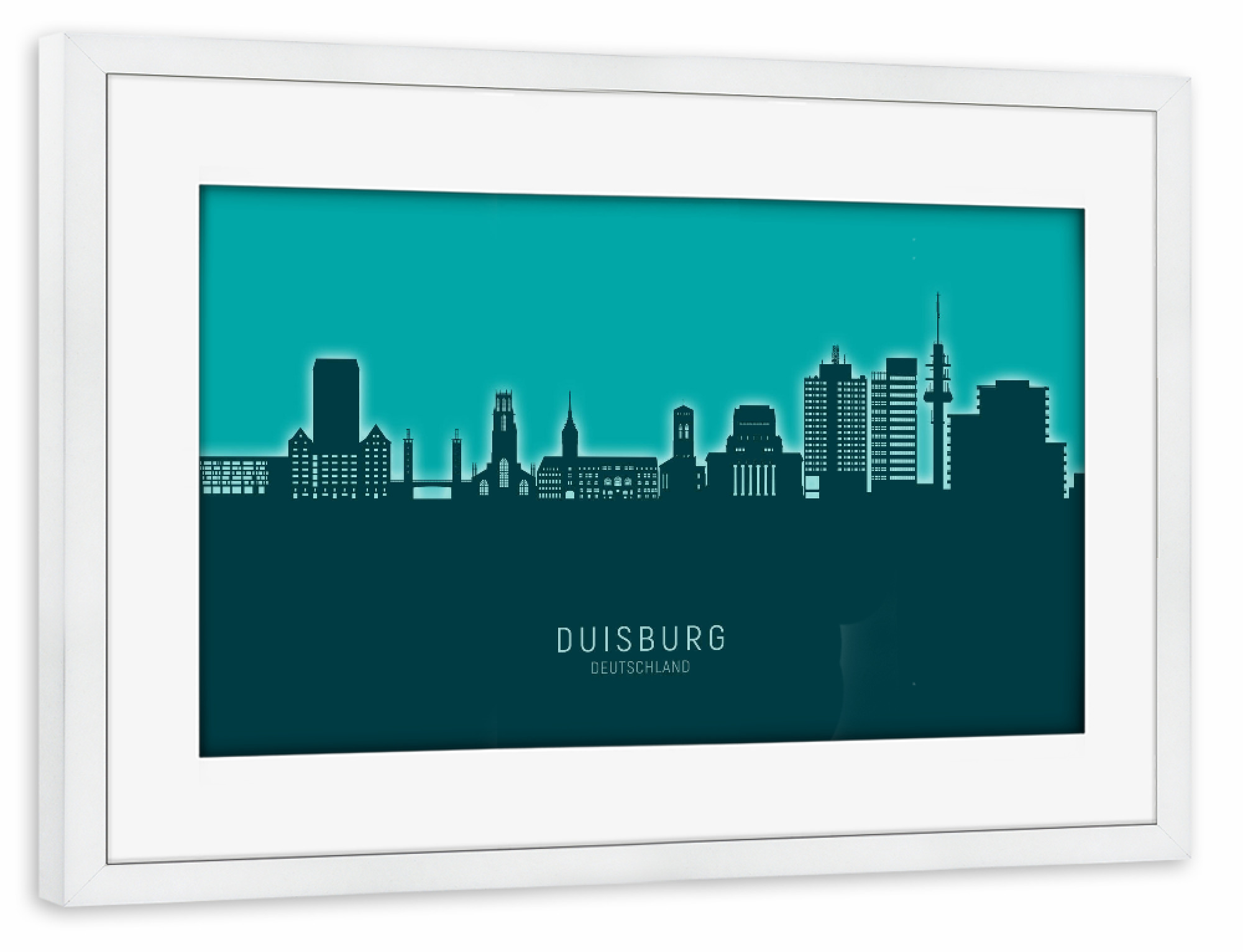 Poster mit Rahmen weiß "Duisburg Skyline Glow Teal" artboxONE - Städte