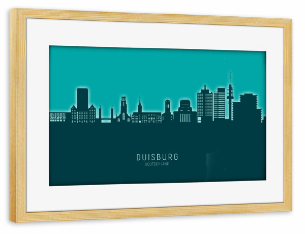 Poster mit Rahmen kiefer "Duisburg Skyline Glow Teal" artboxONE - Städte