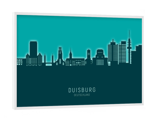 Poster mit weißem Rahmen "Duisburg Skyline Glow Teal" artboxONE - Städte
